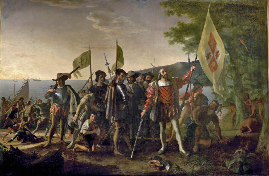 Colomb'un Amerika'ya gelişini anlatan temsili resimlerden biri