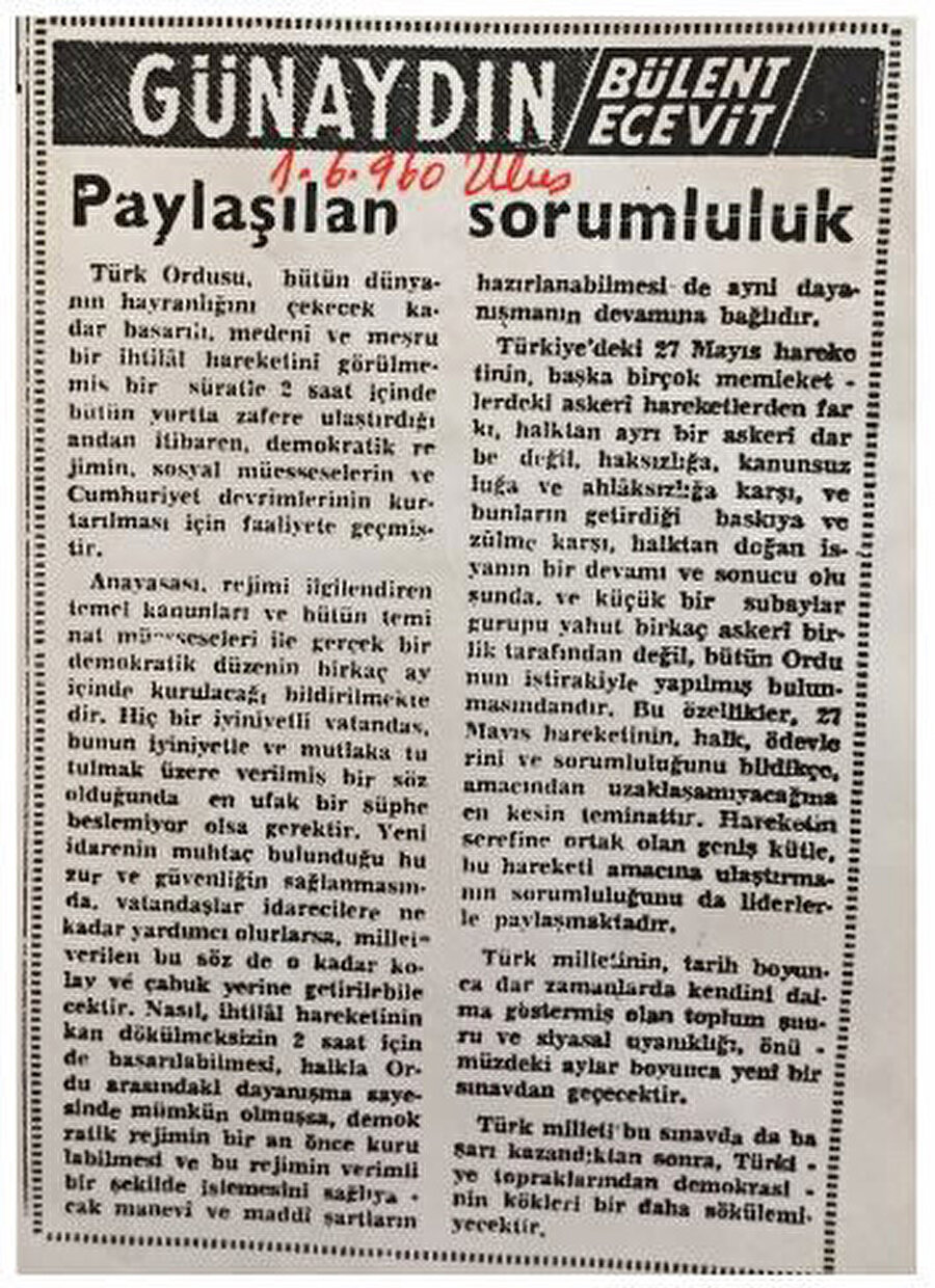 Ecevit'in Ulus Gazetesi'nde ki 27 Mayıs’ı darbesini öven yazısı...