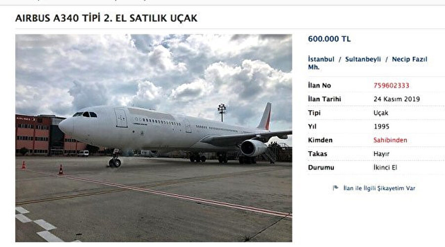 Uçak bir ilan sitesinden satışa çıkarıldı