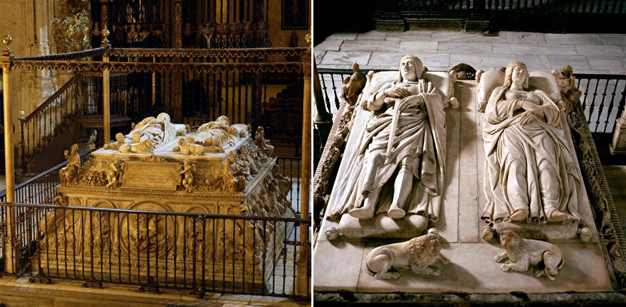 Ferdinand ve İsabel’in Granada Kraliyet Şapeli’nde yer alan mezarları. Mezarın önündeki mermer kitâbede şöyle yazar: “Müslümanları ve heretik olan Yahudileri dağıtan Aragon Kralı Ferdinand ve Kastilya Kraliçesi İsabel -ki herkes onları Katolik krallar olarak bilir- bu mermerin içinde gömülüdür.”