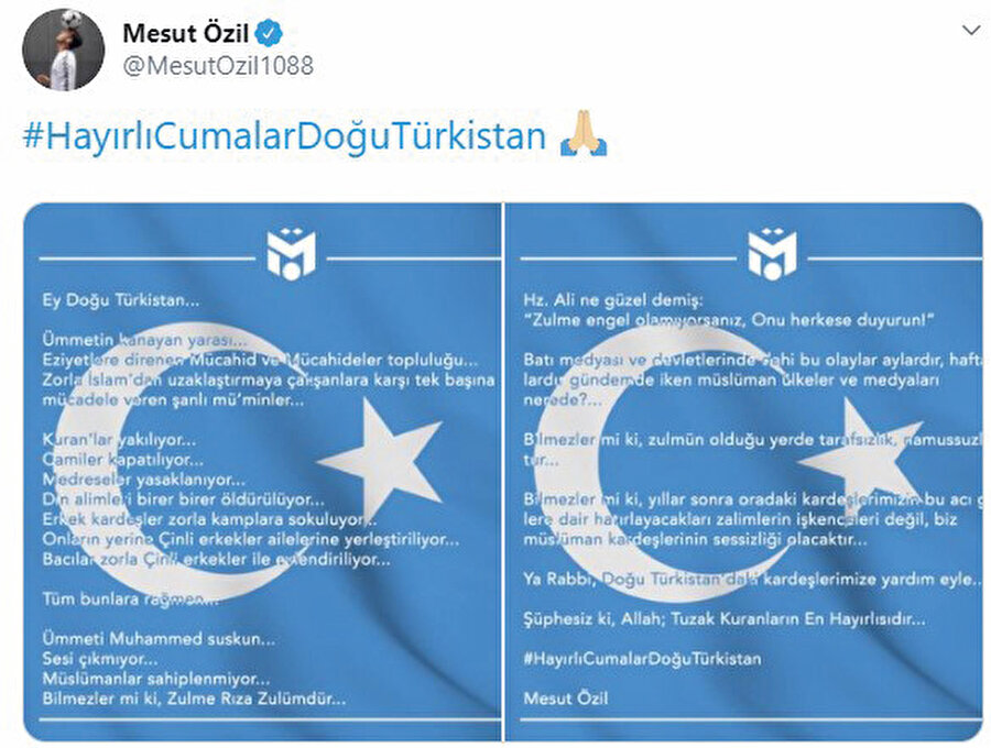 Arsenal forması giyen Türk kökenli Alman vatandaşı Mesut Özil, sosyal medyadaki paylaşımında Doğu Türkistan’dan ‘‘zulme direnen mücahitler’’ diye söz etmişti.
