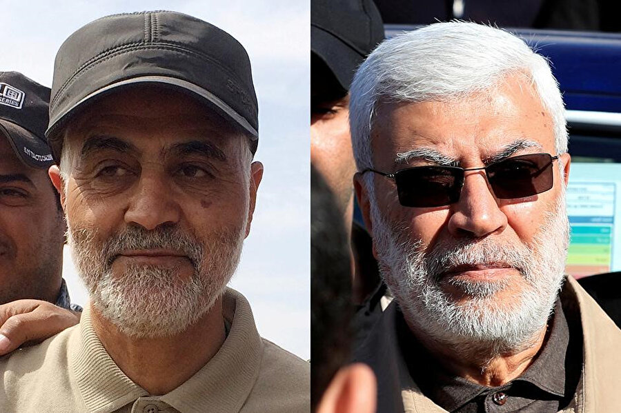 İran Devrim Muhafızları Ordusu'na bağlı Kudüs Gücü Komutanı Kasım Süleymani ( solda) ve Haşdi Şabi Başkan Yardımcısı Ebu Mehdi el-Mühendis.