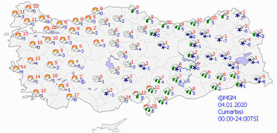 Meteorolojinin bugün için hava durumu tahmin haritası.