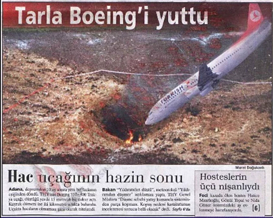 7 Nisan'da 1999'dan Adana'da tarlaya düşen Boeing 737-400 uçağının gazete haberi