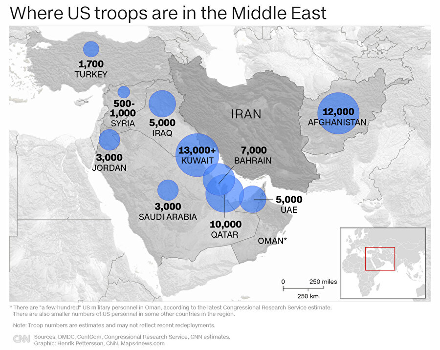 ABD'nin Orta Doğu'daki askeri üsleri ve asker sayıları.