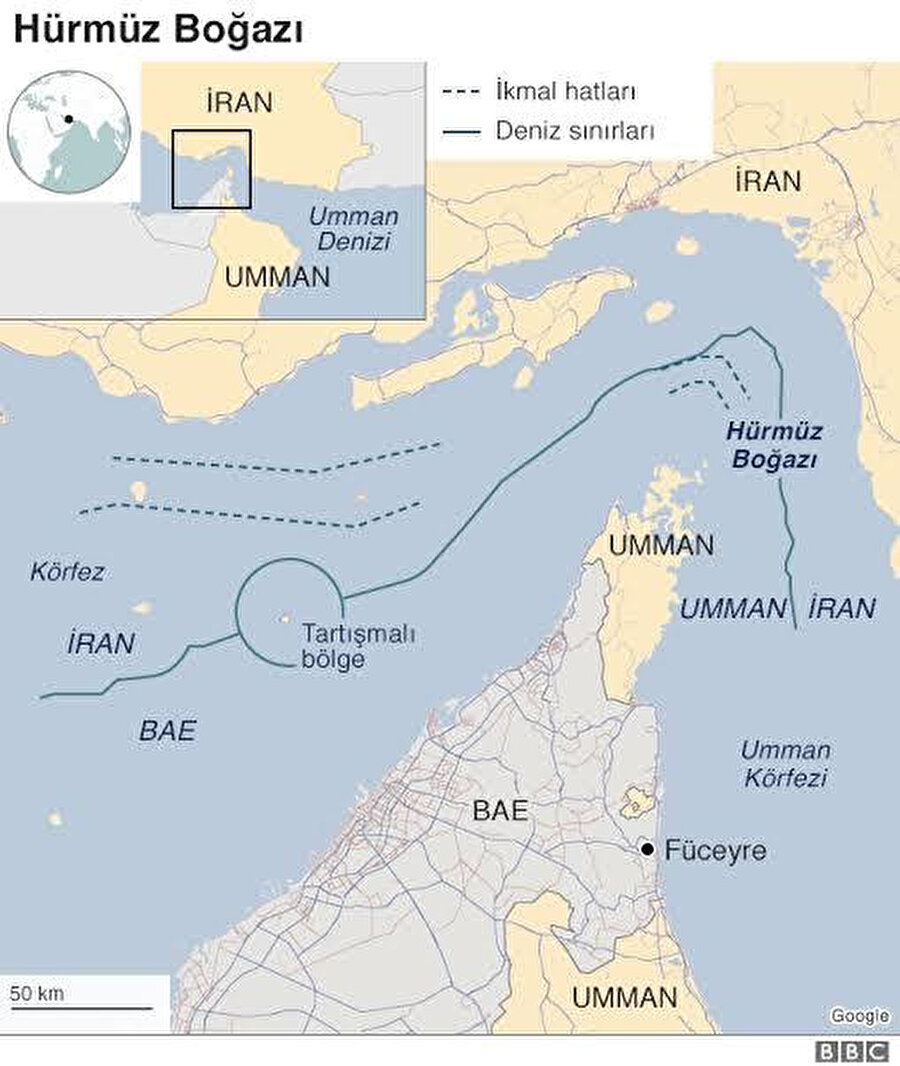 İran ve Umman arasındaki Hürmüz Boğazı.