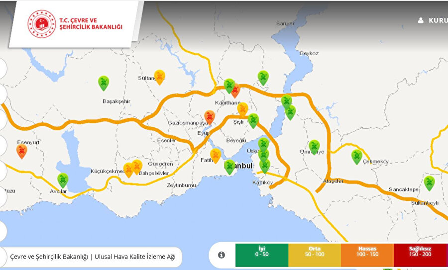 Bakanlığın sitesindeki hava kirliliği haritası