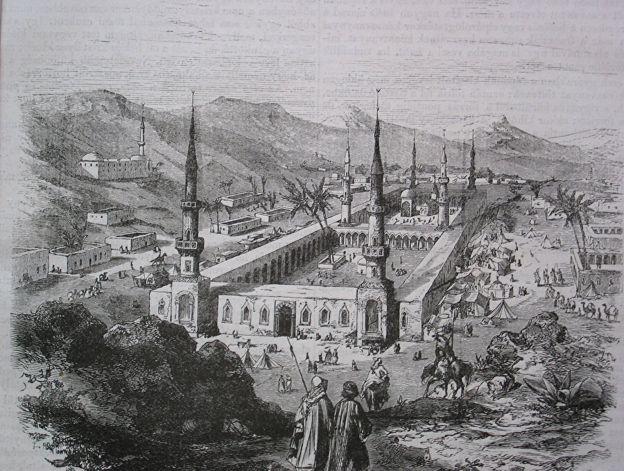 Mescid-i Nebevî'yi gösteren bir gravür. Emevî Camii, Mescid-i Nebevî'nin planı esas alınarak inşa edilmiştir.