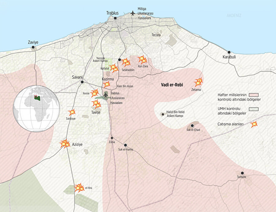 Libya'da Hafter milislerinin kontrolündeki alanlar.