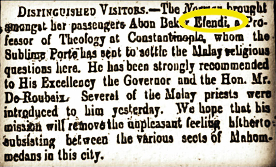 Ebubekir Efendi’nin Cape Town’a ulaştığına dair gazete haberi, 16 Ocak 1863...