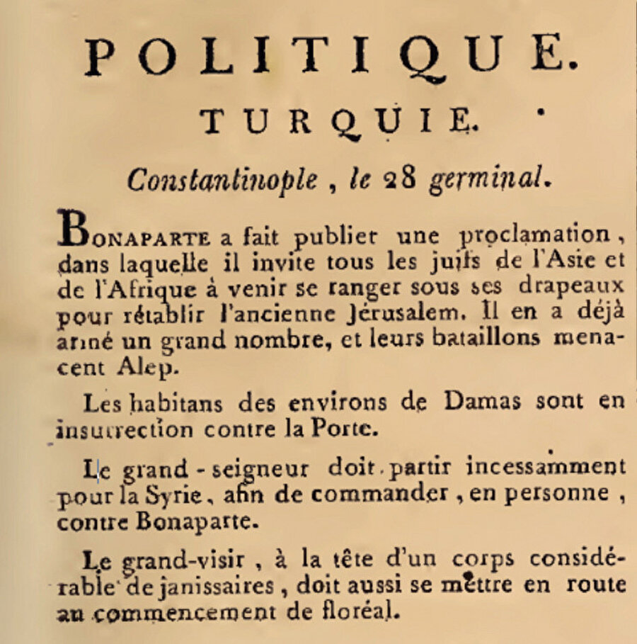 22 Mayıs 1799 tarihli Gazette Nationale. Napolyon, bayrağı altında Osmanlılara karşı savaşmaları durumunda Yahudilere Kudüs’ü vaadediyor.