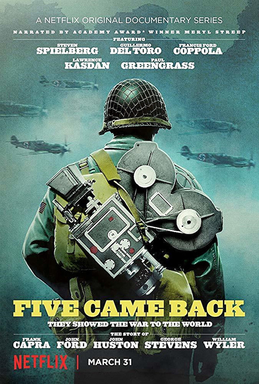 Five Come Back, 2. Dünya Savaşı çıkınca, aralarında John Ford, George Stevens, William Wyler, Frank Capra ve John Huston’ın yer aldığı beş Hollywood film yapımcısı ve yönetmen, evleri ve kariyerlerini geride bırakıp, savaşı kayıt altına almak üzere orduya yazılırlar. Askerlikleri süresince devlet bürokrasisi ve savaş değişkenleri içerisinde sinema vizyonuna ulaşmanın her zaman mümkün olmadığını anlayan yönetmenler, gördükleri karşısında sonsuza dek değiştiklerinin de farkına varırlar. Bu beş başarılı yönetmenin savaş yıllarını içeren çarpıcı hikâyeleri, üç dünyaca ünlü yönetmen Steven Spielberg, Francis Ford Coppola ve Guillermo Del Toro’nun anlatımıyla, 3 bölümlük belgesel dizi Five Come Back’te hayat buluyor.