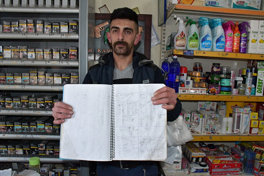 Bakkal, hayırsever tarafından kapatılan veresiye defterini gösterirken