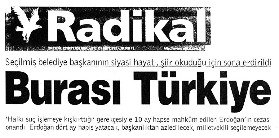 24 Eylül 1998 yılında çıkan Radikal Gazetesi'nin birinci sayfasının başlığı... 