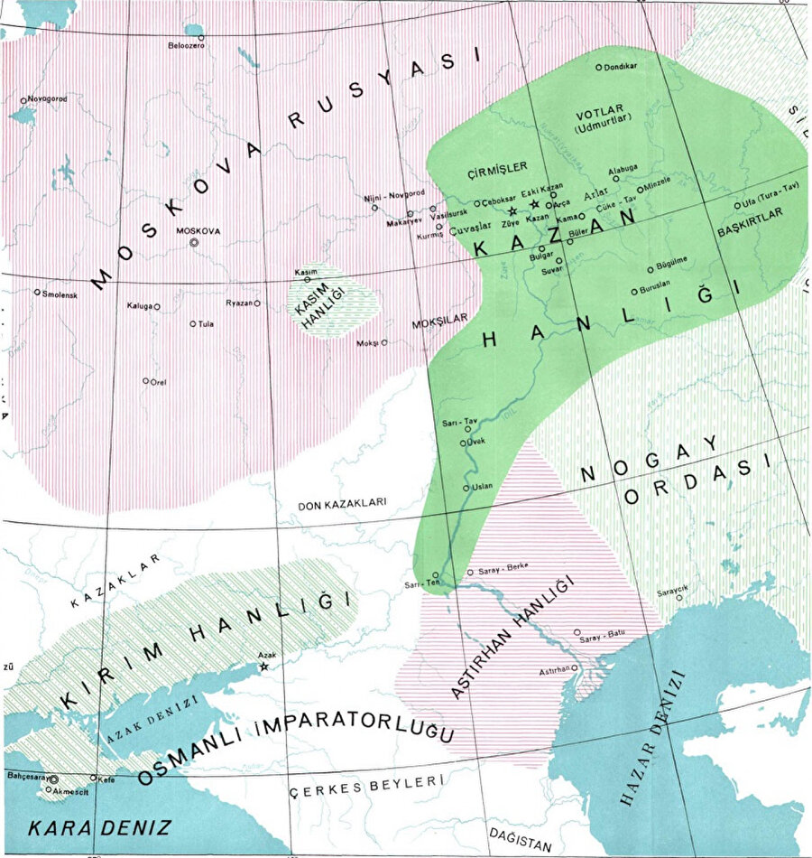  Kazan Hanlığı’nın komşuları; Astarhan Hanlığı, Nogay Hanlığı, Kırım Hanlığı ve Moskova Knezliği.