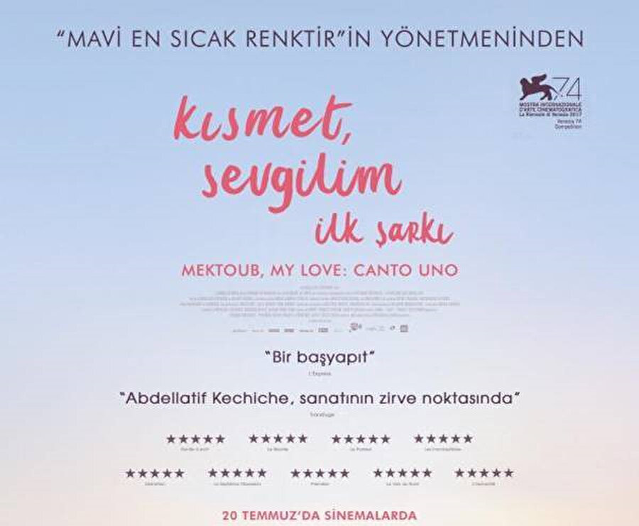 Tunus asıllı Fransız yönetmen Abdellatif Kechiche son filminde, Paris’te yaşayan ve tatil için memleketine dönen genç senarist Amin’in hikâyesini anlatıyor. Tanıştığı ünlü bir yapımcı, ilk filmini hayata geçirmeyi teklif edince Amin, farklı tercihlerle yüzleşmek zorunda kalır. Vizyon tarihi: 20 Temmuz 2018