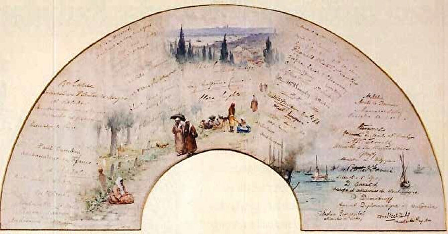 Lady Maria Montgomery Currie, eşi İngiltere Büyükelçisi Baron Currie’nin 1895 yılında verdiği bir davette, misafirlerin imzalarını topladığı ve Fausto Zonaro’nun resimlediği yelpaze formunda bir parşömen.