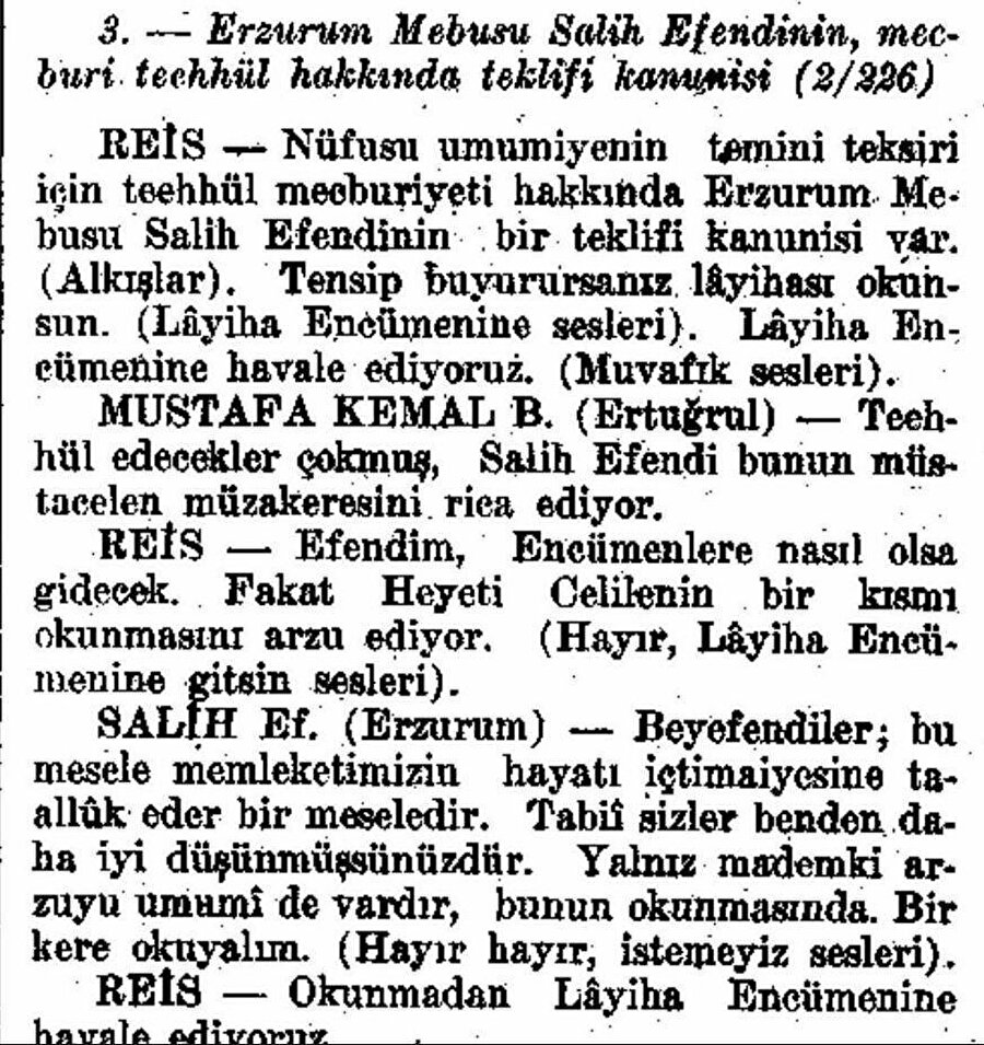Erzurum mebusu Salih Efendi'nin TBMM kayıtlarındaki ilgili teklif konuşması.