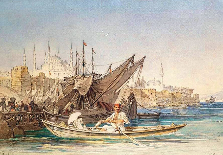Sulu boya ve baskılarıyla tanın Malta'ı Ressam Amedeo Presiosi'nin tasvir ettiği, 'İstanbul limanı' adlı tablosu.