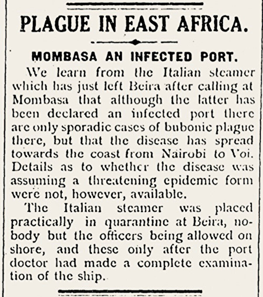 1920lerin başında Etiyopya ve Uganda da meydana gelen salgının bir İtalyan gemisi tarafından Afrika’ya geldiği hatta bu geminin Mozambik’de limanda karantina da tutulduğu ile ilgili önemli bir gazete haberi.