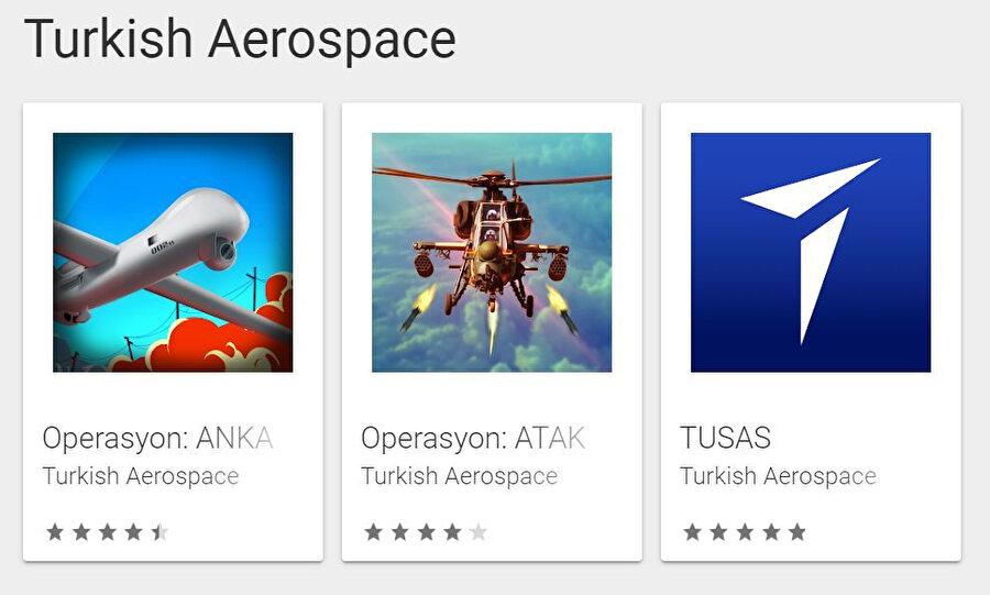 Turkish Aerospace'in yayınladığı uygulamalar arasında tamamen Türk oyun geliştiricilerin tasarladığı ANKA ve ATAK oyunları da yer alıyor. 