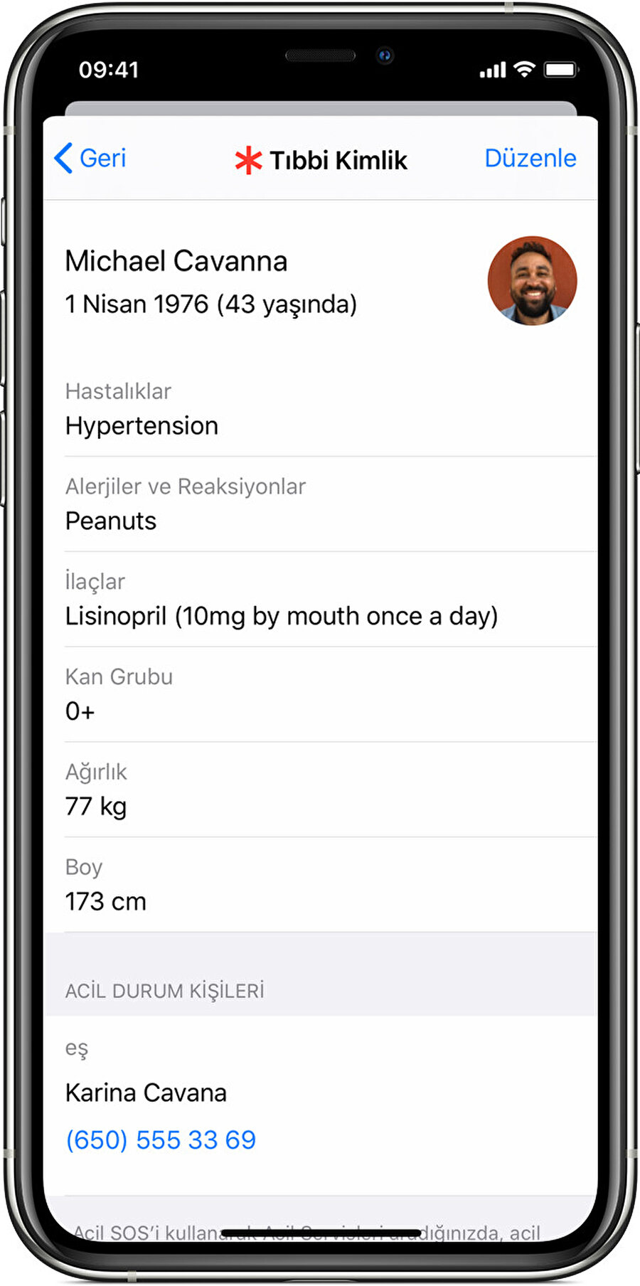 iPhone'daki Sağlık uygulaması üzerinden Tıbbi Kimlik ayarlamalarını yapabilirsiniz.