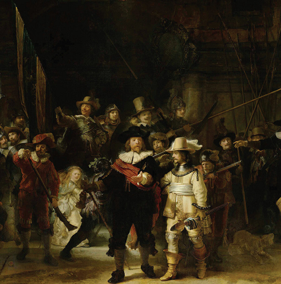 The Night Watch (Gece Devriyesi, 1642): Amsterdam’da düzenin sağlanmasına yardım eden milis topluluğunun grup portresi. Merkezde bulunan kırmızı kuşaklı figür Yüzbaşı Frans Bannick Cocq’tur. Yanında yer alan sarı kıyafetli figür ise teğmen Willem van Ruytenburgh yer almaktadır.