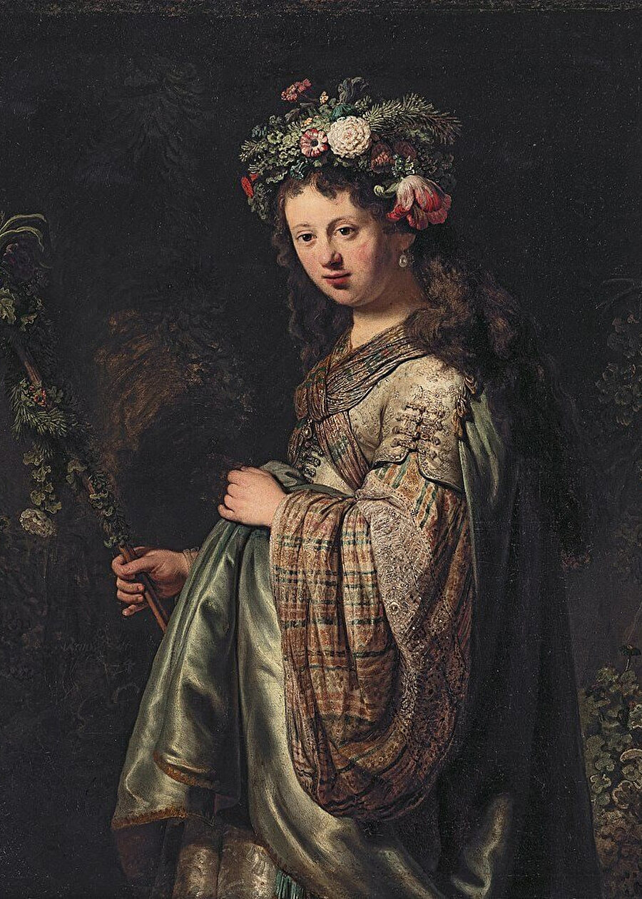Çiçekler içinde Sakia (1634): Rembrandt'ın, evlendiği Saskia Van Uybenburg'ün bahar tanrıçası olarak tasvir ettiği tablosudur.
