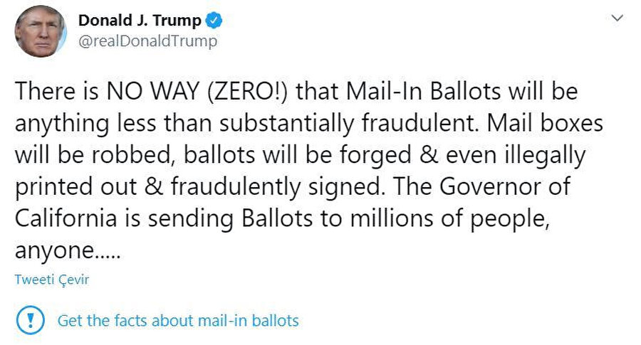 ABD Başkanı Donald Trump'ın attığı tweet altında 'oy pusulası hakkında gerçekleri öğrenin' şeklinde bir ibare çıkıyor. 