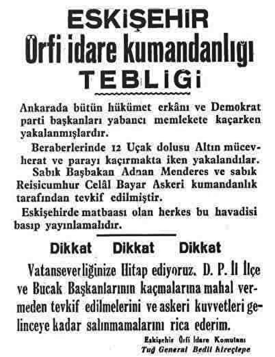 Eskişehir Örfi İdare Kumandanlığı Tebliği