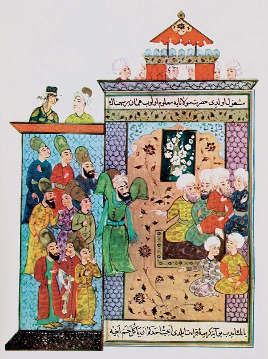 Mevlânâ’yı semâ esnasında gösteren bir minyatür (TSMK, Revan Köşkü, nr. 497, vr. 110a)