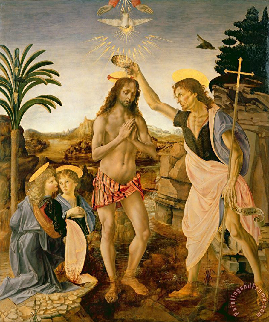 Andrea del Verrocchio, İsa’nın Vaftizi, 1472-74: Vasari, resmin yapılması sırasında Verrocchio’nun bir süreliğine atölyeden ayrıldığını ve geri döndüğünde Leonardo’nun melek tasvirini görünce o günden sonra resim yapmayı bıraktığını söyler.