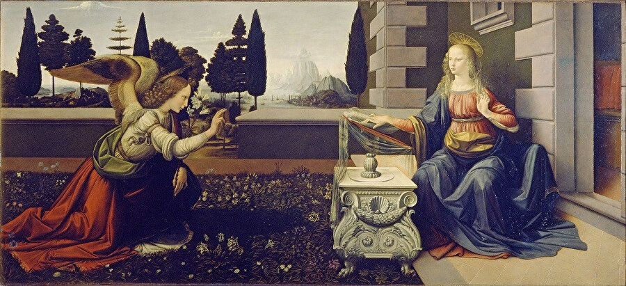 Leonardo da Vinci, Meryem'e Müjde (Annunciation), 1472-5: Leonardo da Vinci’nin çıraklıktan profesyonelliğe geçtikten sonraki döneminde tasarladığı ve resimlediği ilk dini çalışmalarından biri. Luka İncili’nde anlatılan öyküye göre, Cebrail Meryem’i selamlayarak kendisine İsa’yı doğuracağını müjdeliyor.