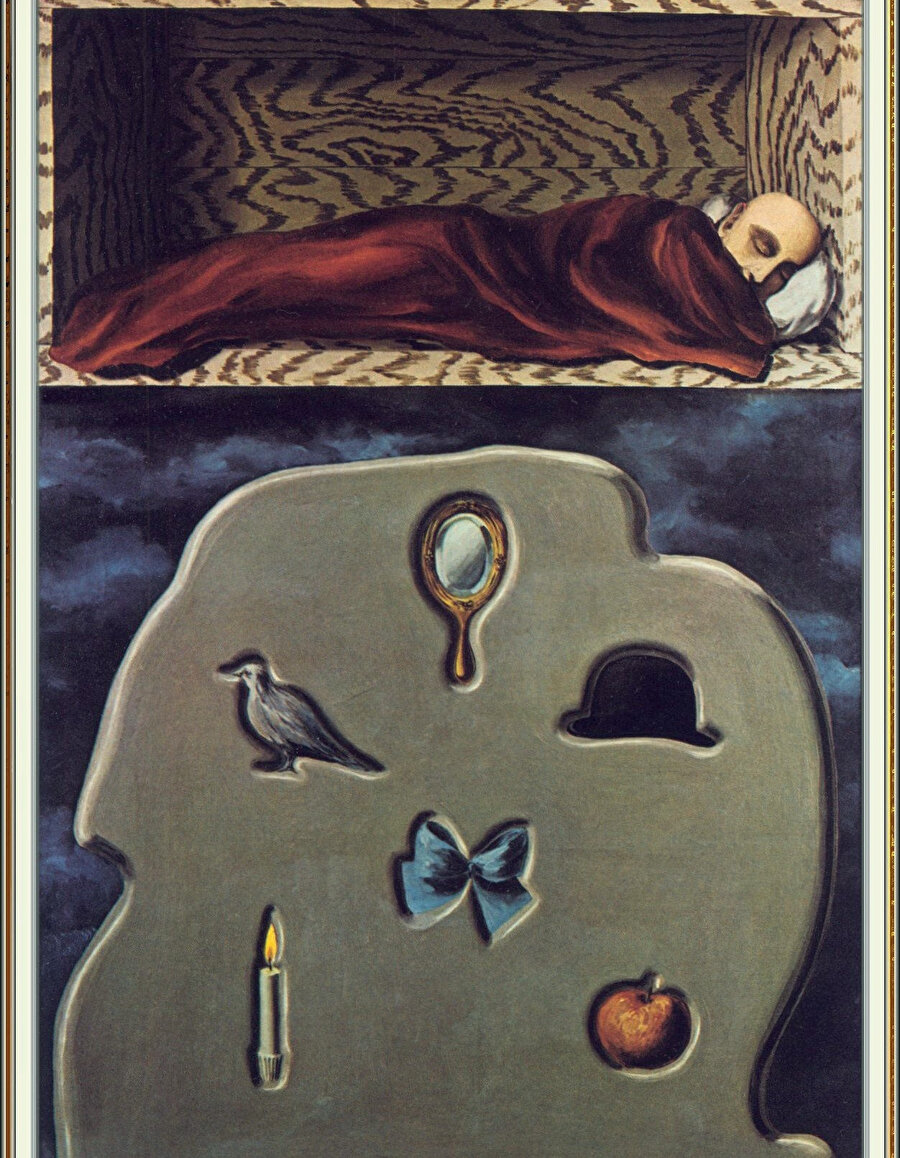 The Reckless Sleeper (Pervasız Uykucu), 1928 Rüyasında sıradan nesneler gören bir adam; bir güvercin, bir ayna, bir şapka, bir mum, bir kurdele ve bir elma. Magritte tablolarında çoğu zaman rüyaya benzer senaryolar yaratmasına rağmen psikanalizi her zaman reddetmişti.