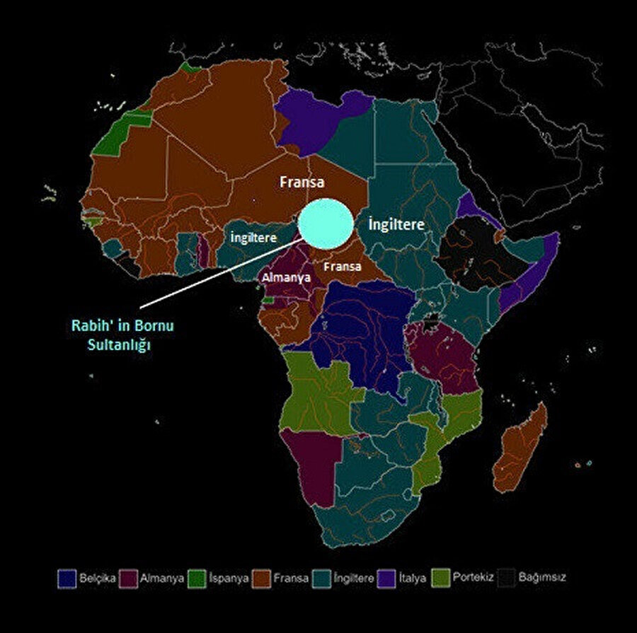  Berlin Konferans’ı sonrası sömürgecilere verilen bölgeler ve Rabih’in Bornu Sultanlığı.