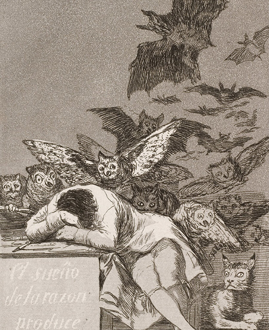 Aklın Uykusu Canavarlar Yaratır (The Sleep of Reason Produces Monsters), Los Caprichos No. 43, 1799.