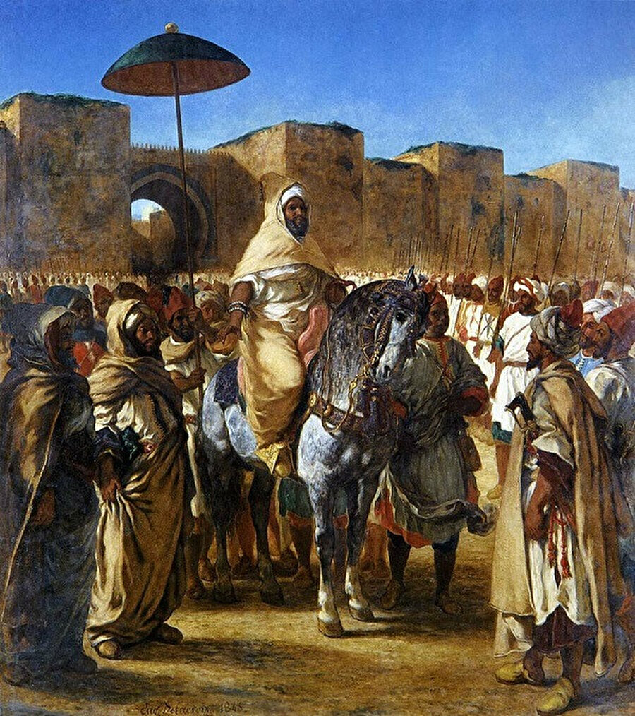Fas Sultanı Mulay Abdurrahman'ın (1778-1859) Meknes'teki sarayından çıkışını tasvir eden bir çizim...