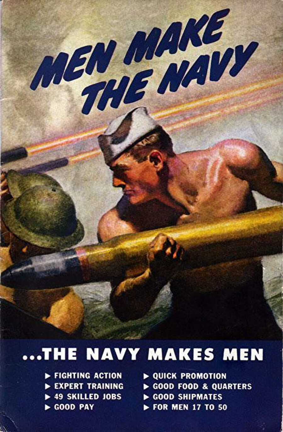 İkinci Dünya Savaşı işe alım posterlerinde tasvir edilen kaslı ve güçlü denizci erkek modeli.