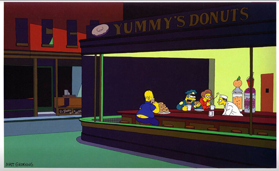 The Simpsons çizgi dizisinin Gece Kuşlarına atıf yaptığı bir sahne.