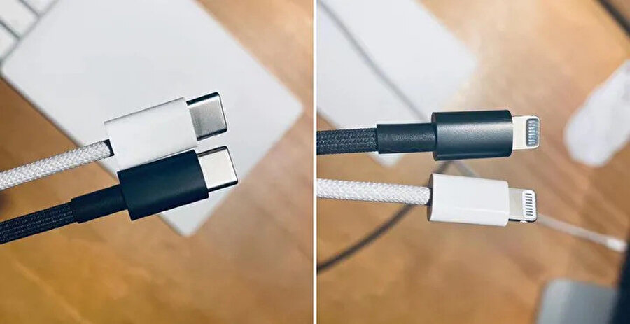 Apple iPhone'un kutu içeriğinde bu şekilde örgülü yapıda şarj kablosu yer alabilir.
