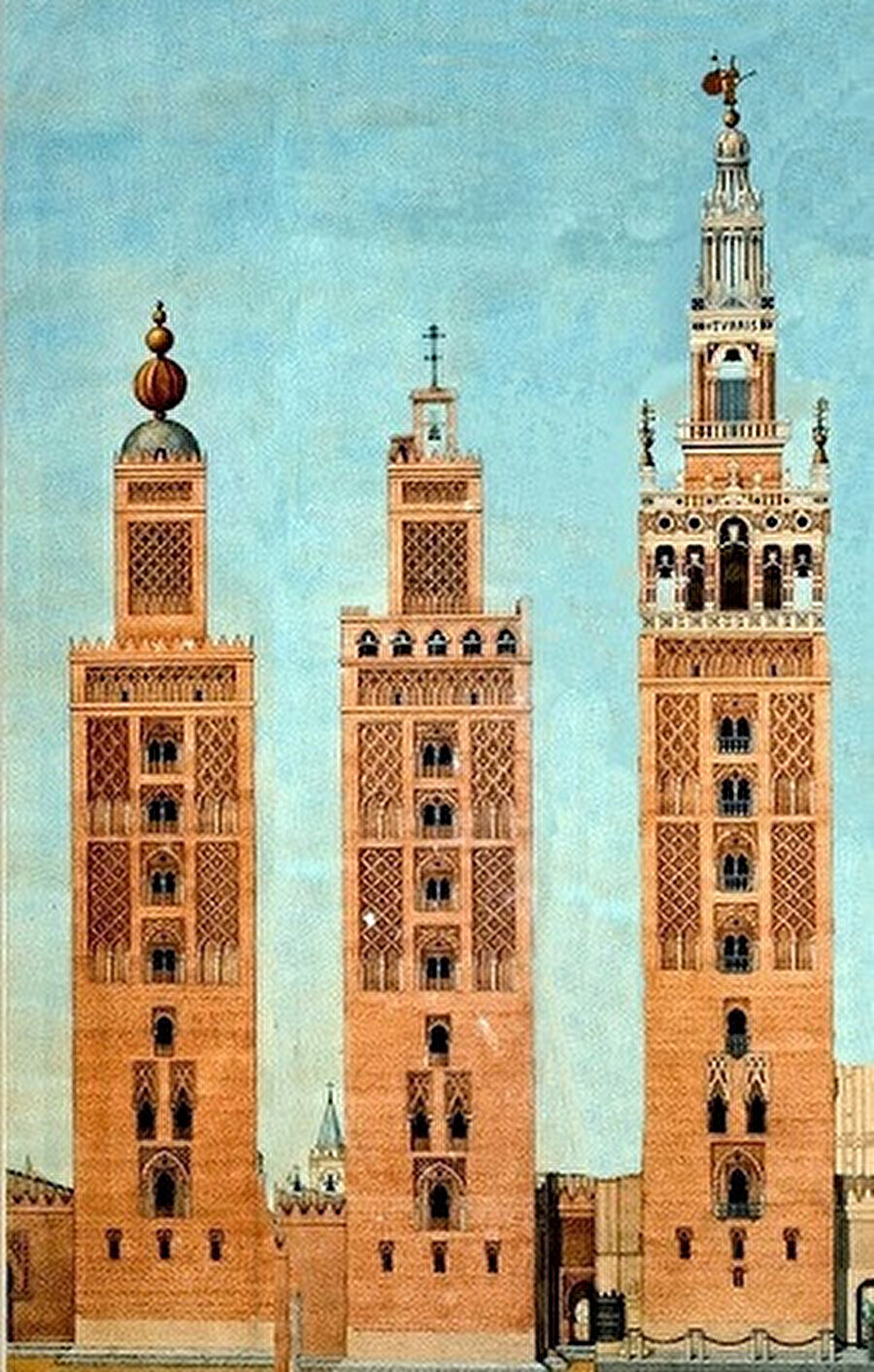 İşbîliye Ulucamii'nin 1198'deki minaresi (solda), ilk önce Hristiyan zaferini sembolize eden 4 adet bakır yıldız ile süslendi (ortada,1400), 1507'de ise üst tarafı yıkılarak, bir çan eklenmesi ile çan kulesine çevrildi (sağda).
