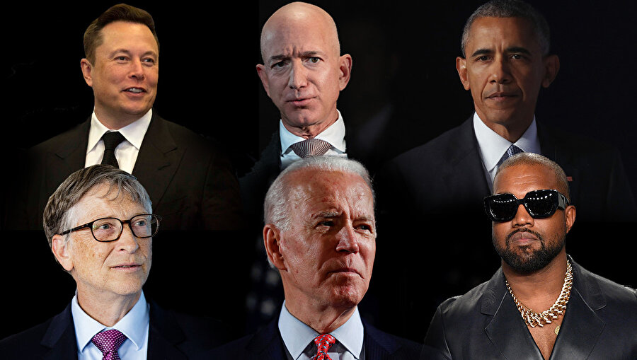 Eski ABD Başkanı Barack Obama, Demokrat başkan adayı Joe Biden, Amazon'un CEO’su Jeff Bezos, Microsoft'un kurucusu Bill Gates, Tesla'nın kurucusu Elon Musk, Kanye West