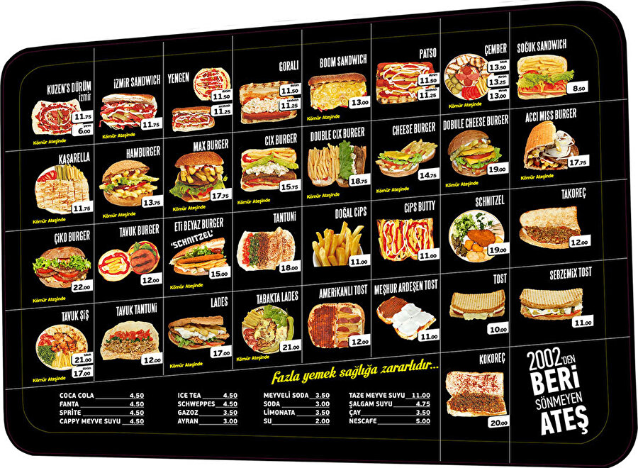  Fast-food menüsü yiyeceklerin büyük iştah açıcı fotoğraflarıyla birlikte epey dikkat çekici oluyor.