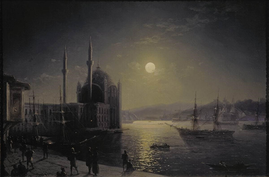 Ortaköy’de Mehtap, 1894. Büyük Mecidiye cami ve Ortaköy İskele Meydanı’nın baskın olduğu kompozisyonun arka planında Boğaziçi tepeleri yer alıyor. 