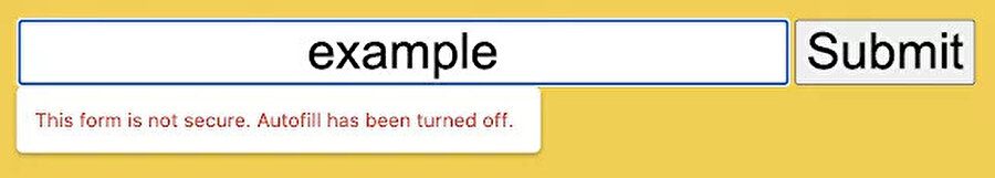 Chrome'da güvensiz görünen bir forma tıklandığında bu şekilde uyarı veriyor. 