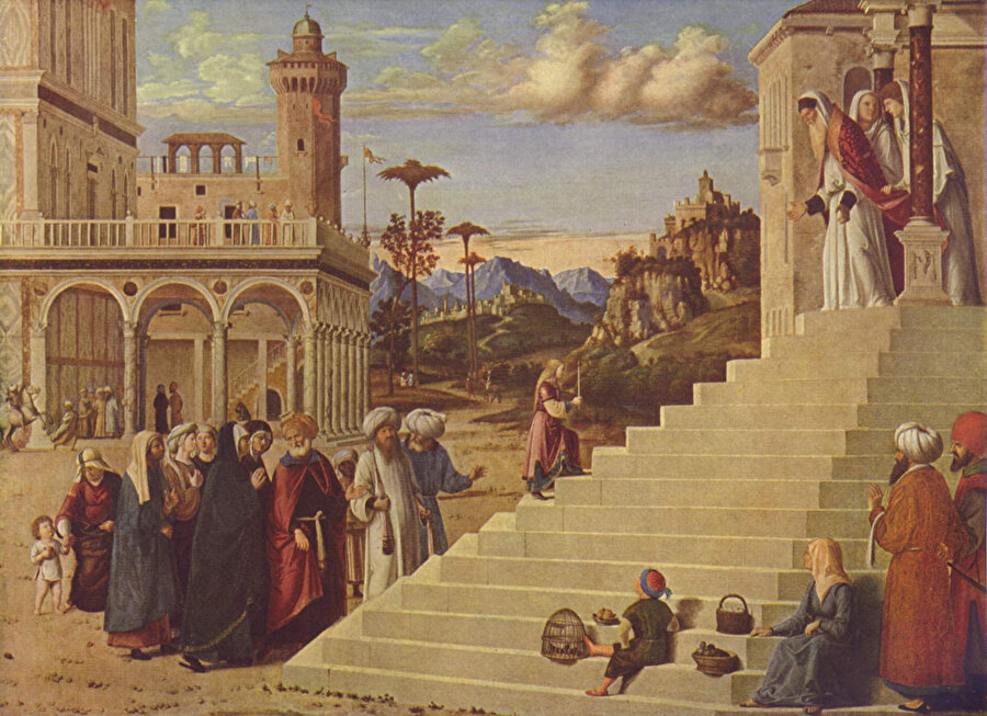 İtalyan Rönesans ressamı Giovanni Battista Cima’nın Maria al Tempio tablosunda Meryem Ana’nın basamaklar üzerinde halkla konuşması, 1496