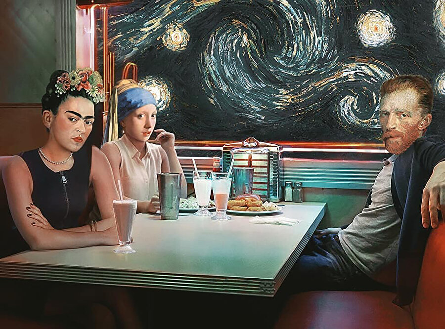 Dijital sanatçı Gedox, “Bizimle Oturamazsın” isimli çalışmasında İnci Küpeli Kız’ ı Vincent ve Frida ile buluşturmuş.