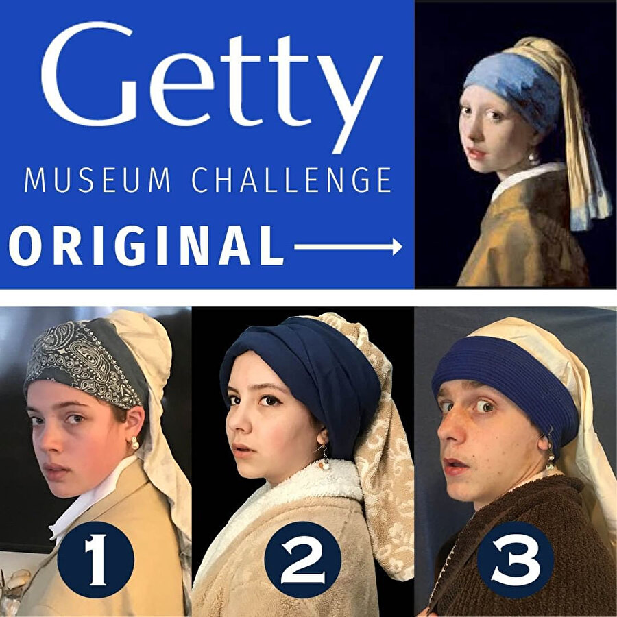 Pandemi döneminde Getty Müzesi’nin klasikleri evinizde oluşturun yarışmasında da İnci Küpeli Kız pek çok şekilde tasvir edildi.