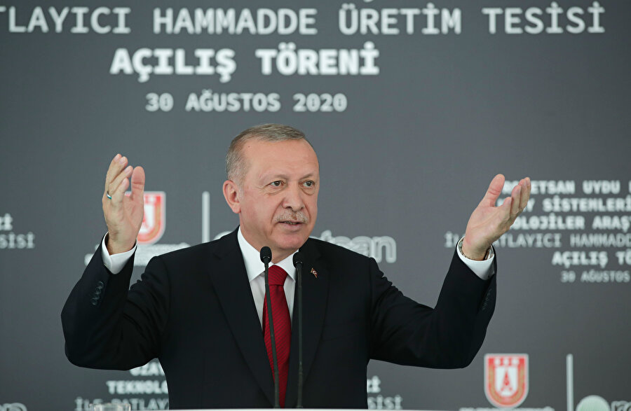 Cumhurbaşkanı Erdoğan açıklamalarda bulunurken