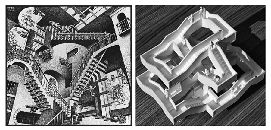 Escher’in Relativity (1953) litografisi ve 10 Cal Tower tasarım maketi. 